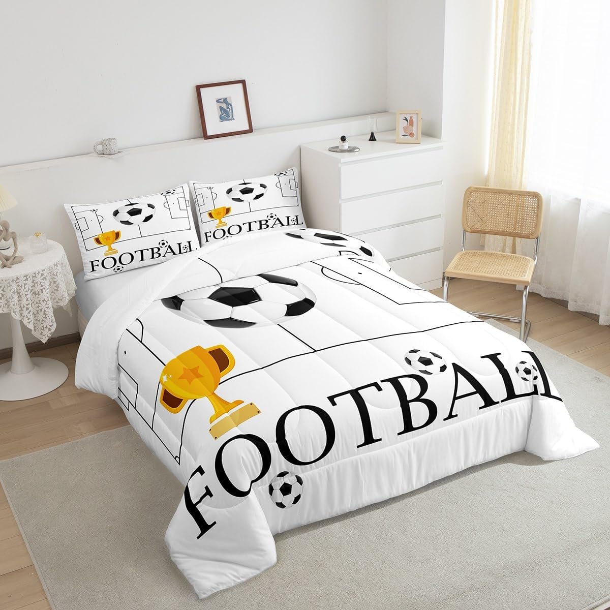 Soccer Comforter Set Queen Size,Boys Ball Sports Games Themed Court Bedding Set for Women Adult,3D Football Trophy Printed White Field Luxury Bed Duvet Insert, 2 Pillowcases