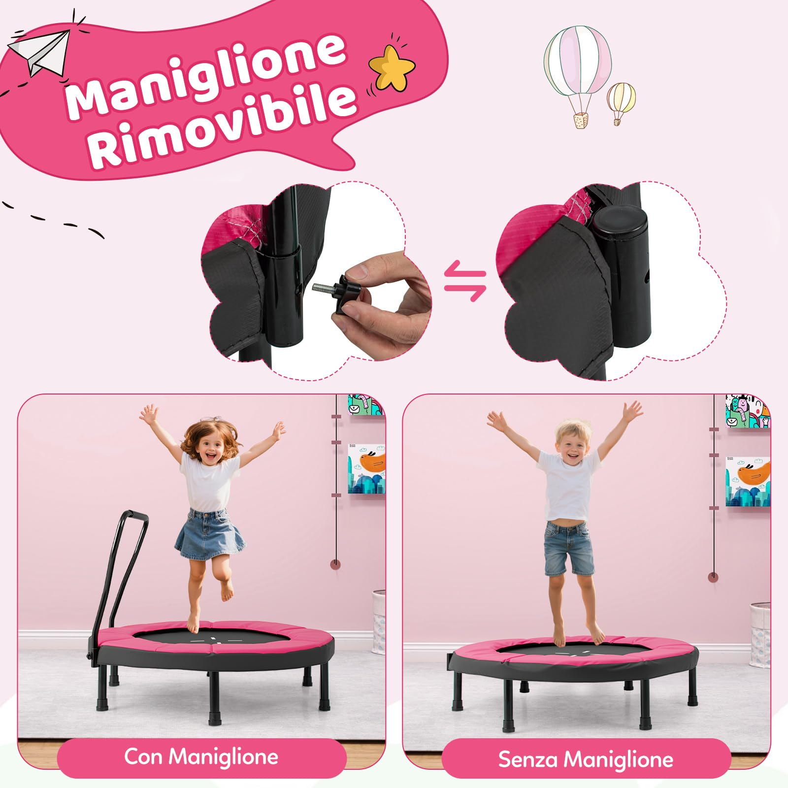 COSTWAY Trampolino Elastico per Bambini, Tappeto Elastico da Interno ed Esterno con Manubrio in Schiuma e Cuscino di Sicurezza, Ideale per Bambini 3-6 Anni, Portata 100 kg