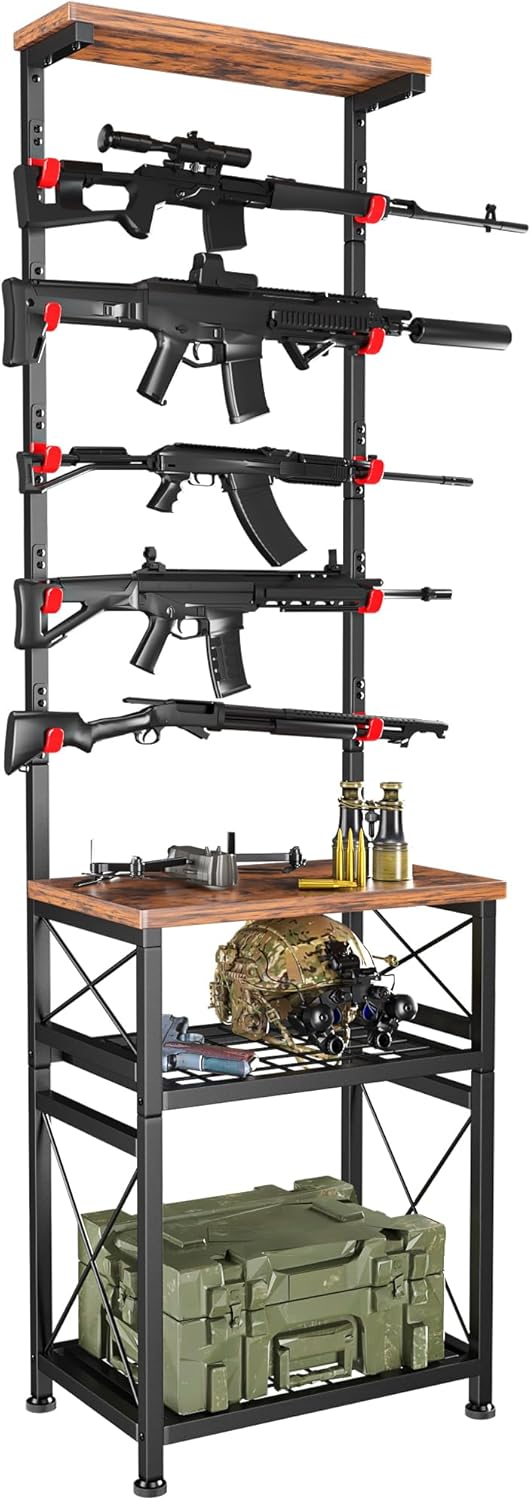 YOHKOH Gun Rack, Wall Mount Gun Rack Stand with Adjustable Feet for Stability, Holds 5 Guns, Rubber Coated Hooks for Scratch Protection, Heavy-Duty Carbon-Steel Build, Black