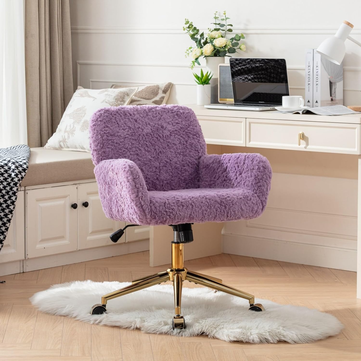 HomVent Fluffy Desk Chair Pink Faux Fur Vanity Chair Adjustable Swivel Computer Chair on Wheels Height Adjustable Cute Desk Chair for Makeup Room Teen Girls Bedroom Home Office (Pink P)