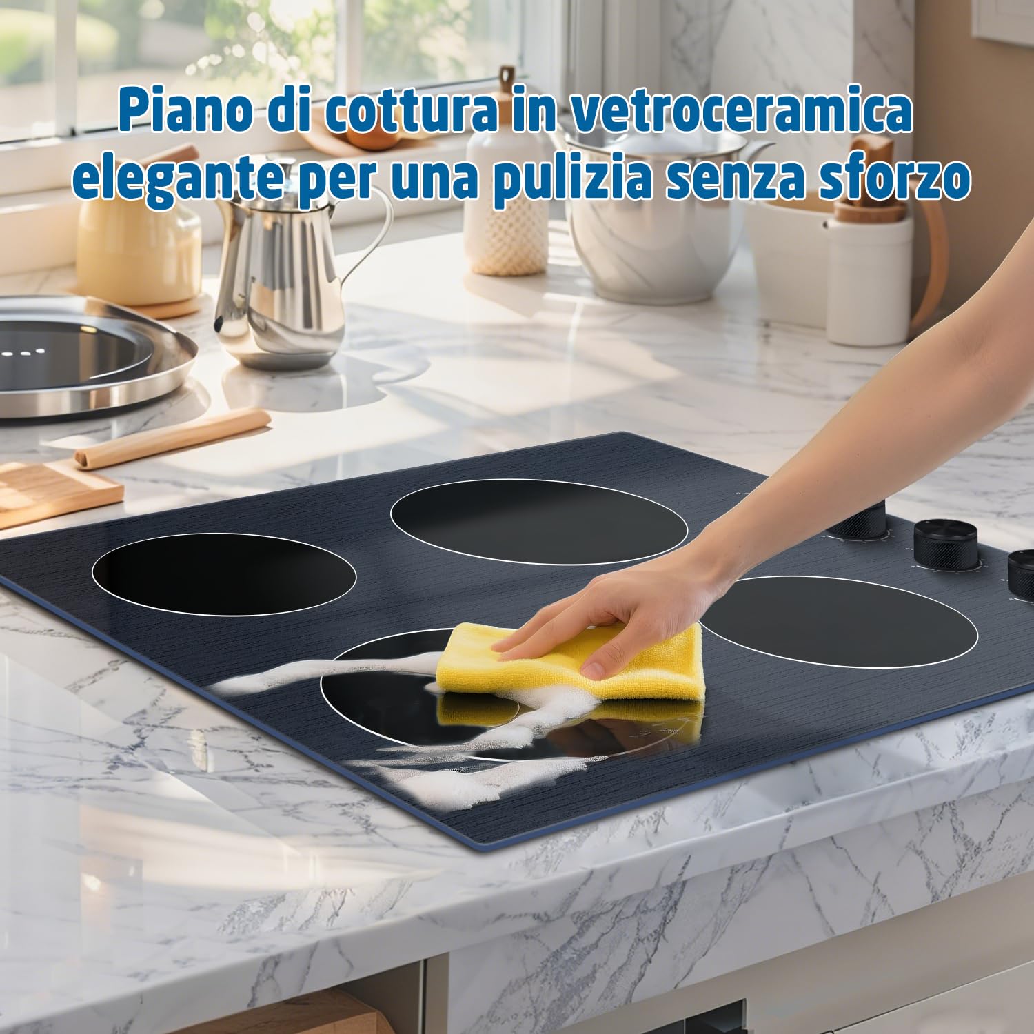 Piano Cottura Vetroceramica 4 Fuochi, 6000W Piano Cottura Elettrico 60cm | Incasso, Manopola, Piani Cottura Elettronica, Spegnimento Automatico, Vetro Cristallo, Argento Nero