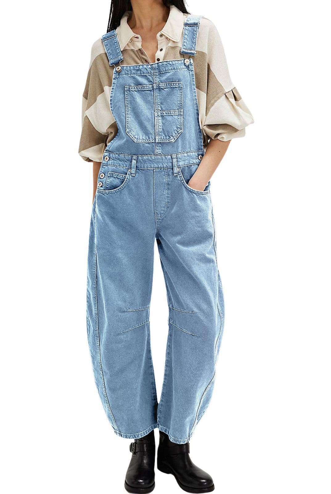 loveimgs - Peto vaquero holgado Y2K para mujer, pantalones vaqueros de pierna ancha con corte barril, mono vaquero con peto, pantalones boyfriend de denim con parches
