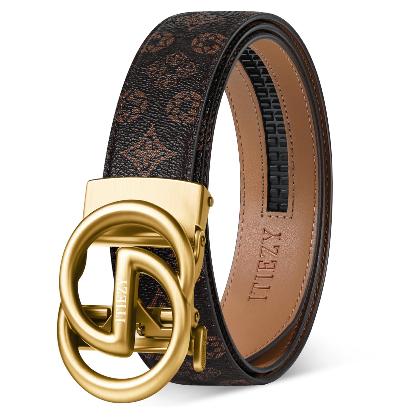 ITIEZY Ratchet Belts for Men - Leather Click Belt for Casual Dress 1 3/8", Mens Adjustable Belt Trim to Fit