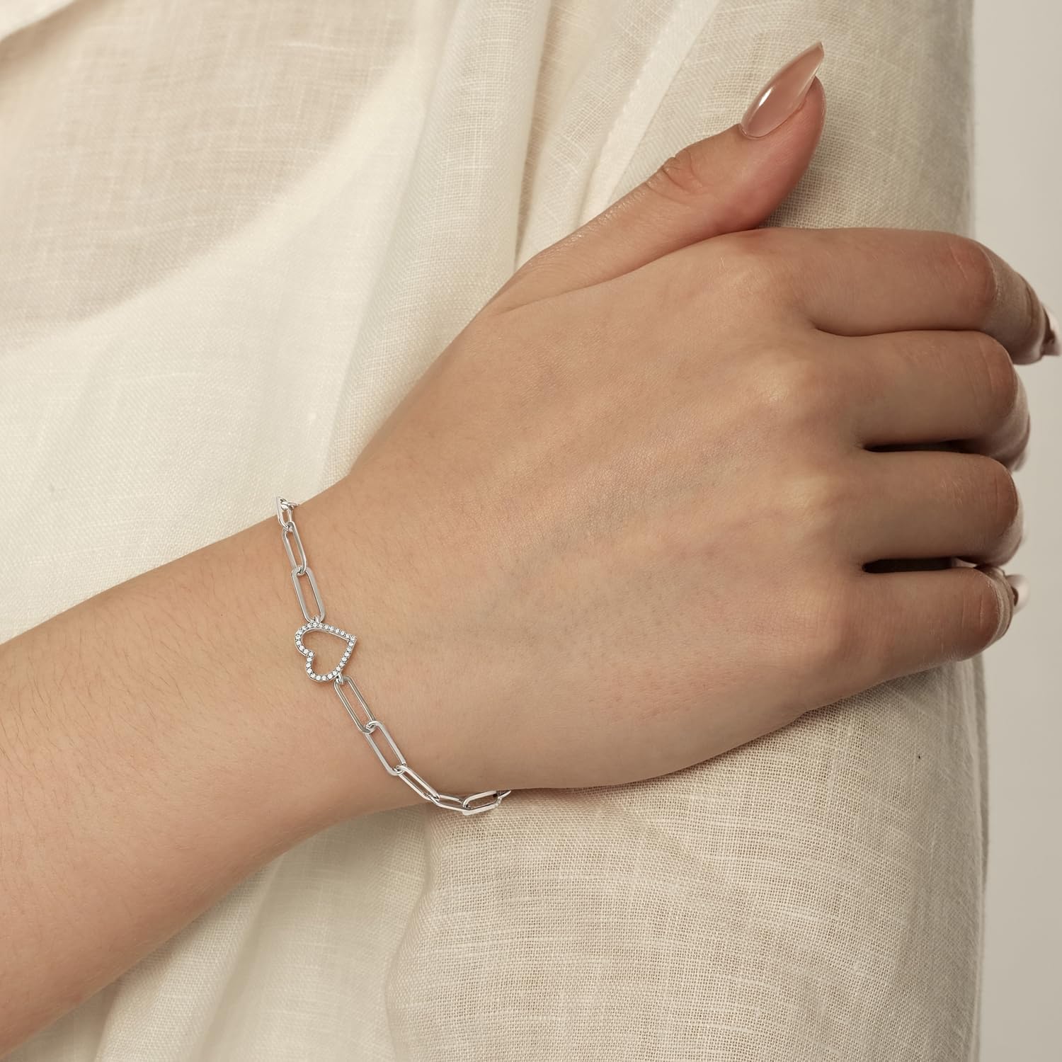 Cali Trove Diamond Heart Paperclip Bracelet for Women | 1/10 Ct Natural Diamonds | 925 Sterling Silver | Open Heart Center | Trendy Paperclip Chain | Lobster Clasp | Modern Statement Jewelry