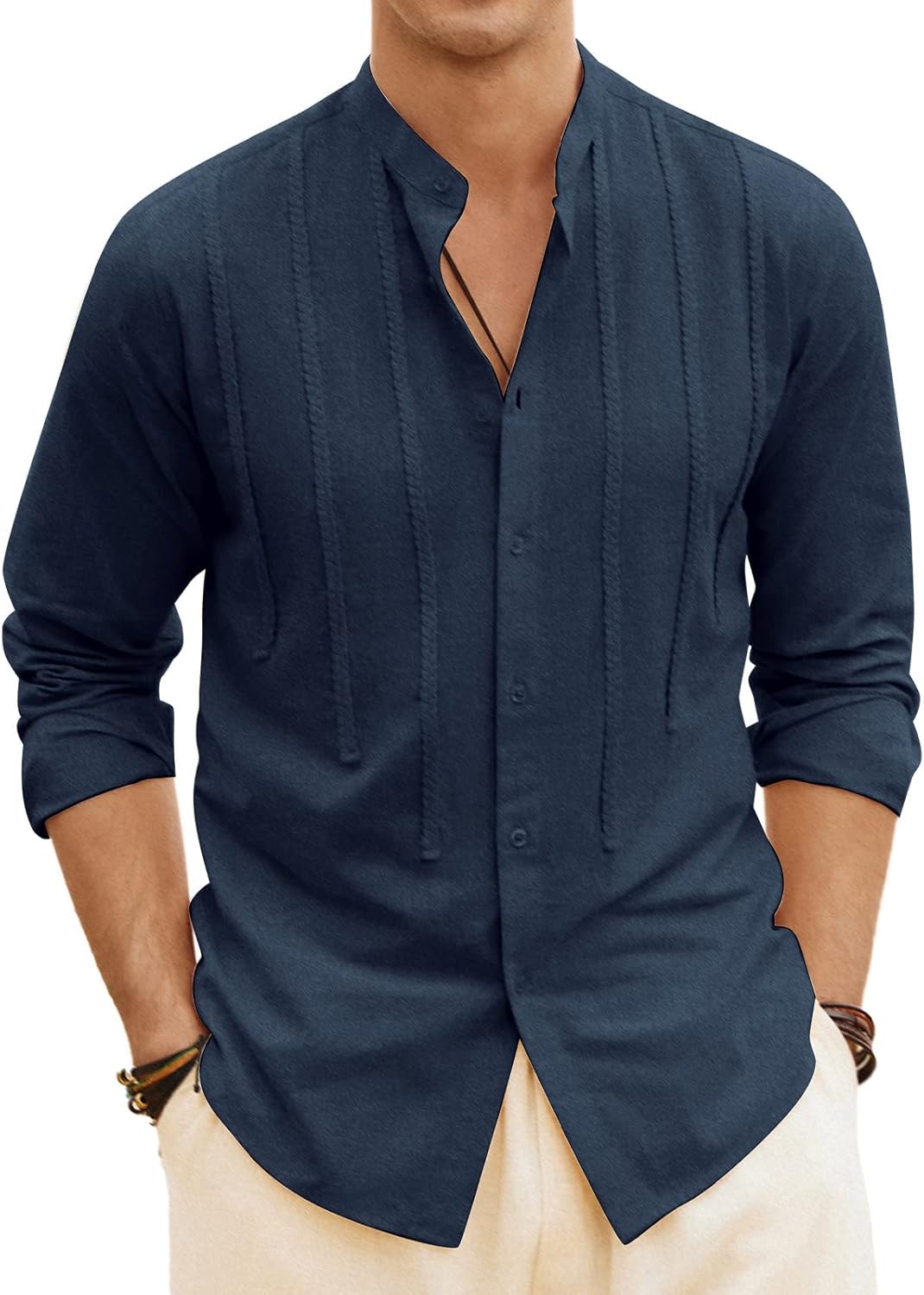 PJ PAUL JONES Mens Cotton Linen Henleys 70s Shirt Casual Hippie Beach ...