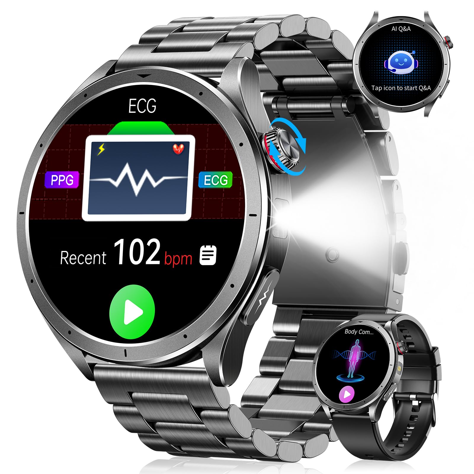 Smartwatch Uomo con ECG, VFC, Micro-Check-up, Pressione Sanguigna, AI-GPT | 1,53" Orologio Fitness con 24H Sonno/Cardio/SpO2, 120+ Sport, 5ATM, Torcia, Chiamata SOS, Notifiche Messaggi Android iOS Nero