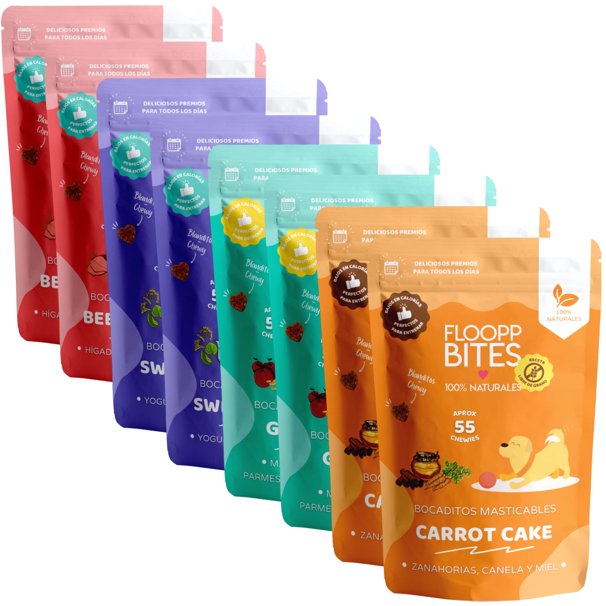 FlooppBITES - Snacks Naturales para Perros | Chuches y Premios Masticables | Mix de Sabores: Hígado, Zanahorias, Queso, Yogurt, Canela | Pack 8x50g (Total 400g)