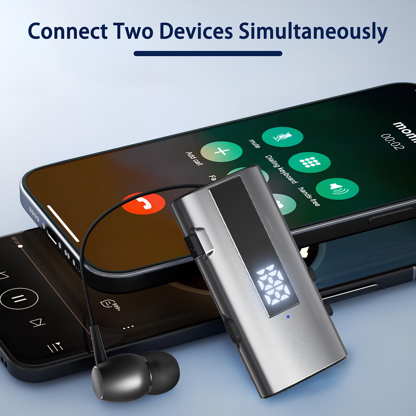 Auricolari Bluetooth con Cavo Retrattile, 50H Cuffie Wireless Lavalier con Vibratione, LED Power Display, IP65 Impermeabile, Doppia Connessione, Chip 6.0 (Grigio Nerastro)