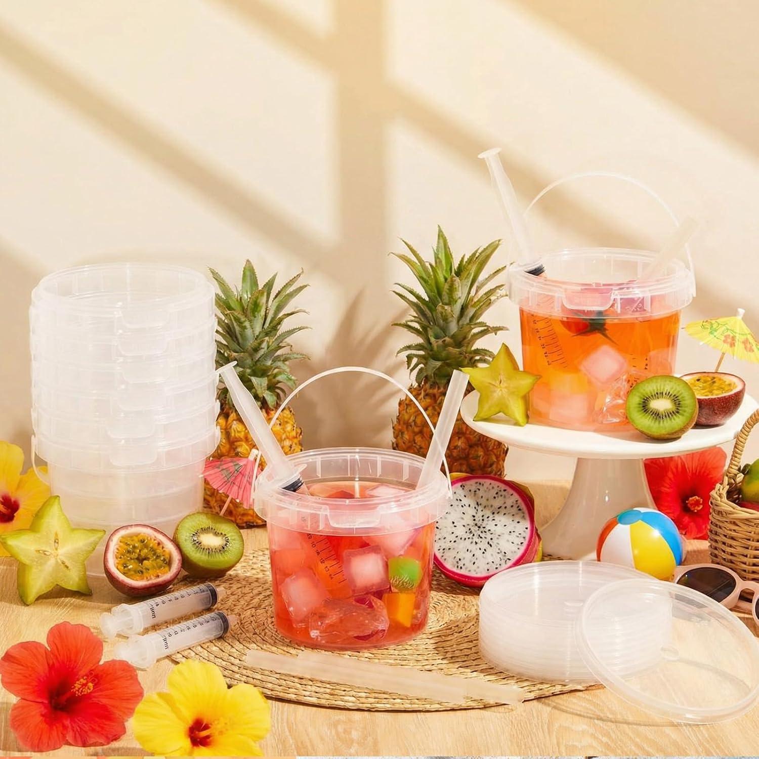 Willinglong 20 Sets 25oz Clear Plastic Drink Buckets Rum Buckets for Drink with Straws, Lids and Beverage Syringes Reusable Iced Coffee Cups for Rum Wine Beer Cocktail Beverage Lemonades