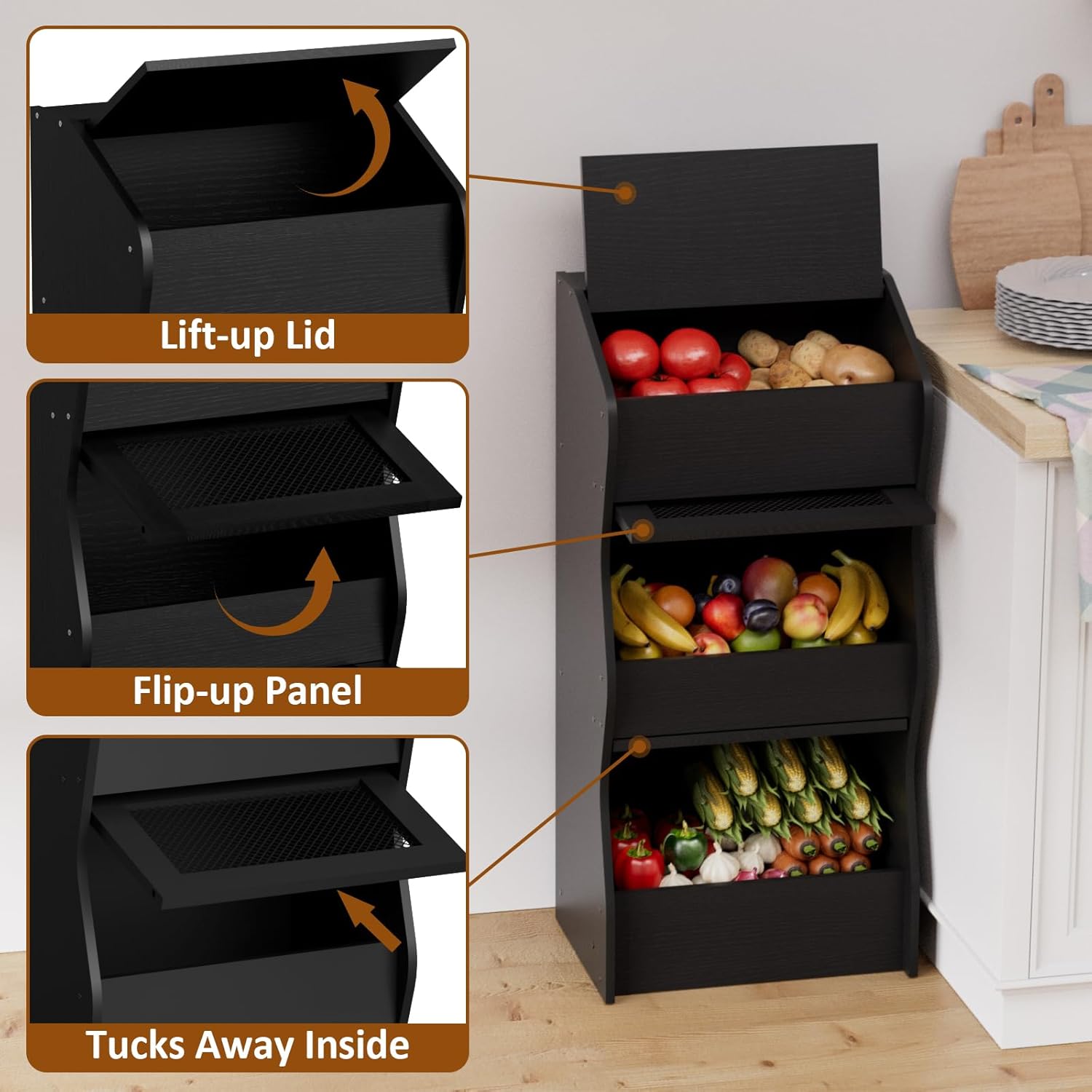 Potato and Onion Storage Bin with Lid, Root Vegetable Storage Rustic Bread Box for Kitchen Pantry, Wooden Bread Cabinet Fruit Storage Rack,Black