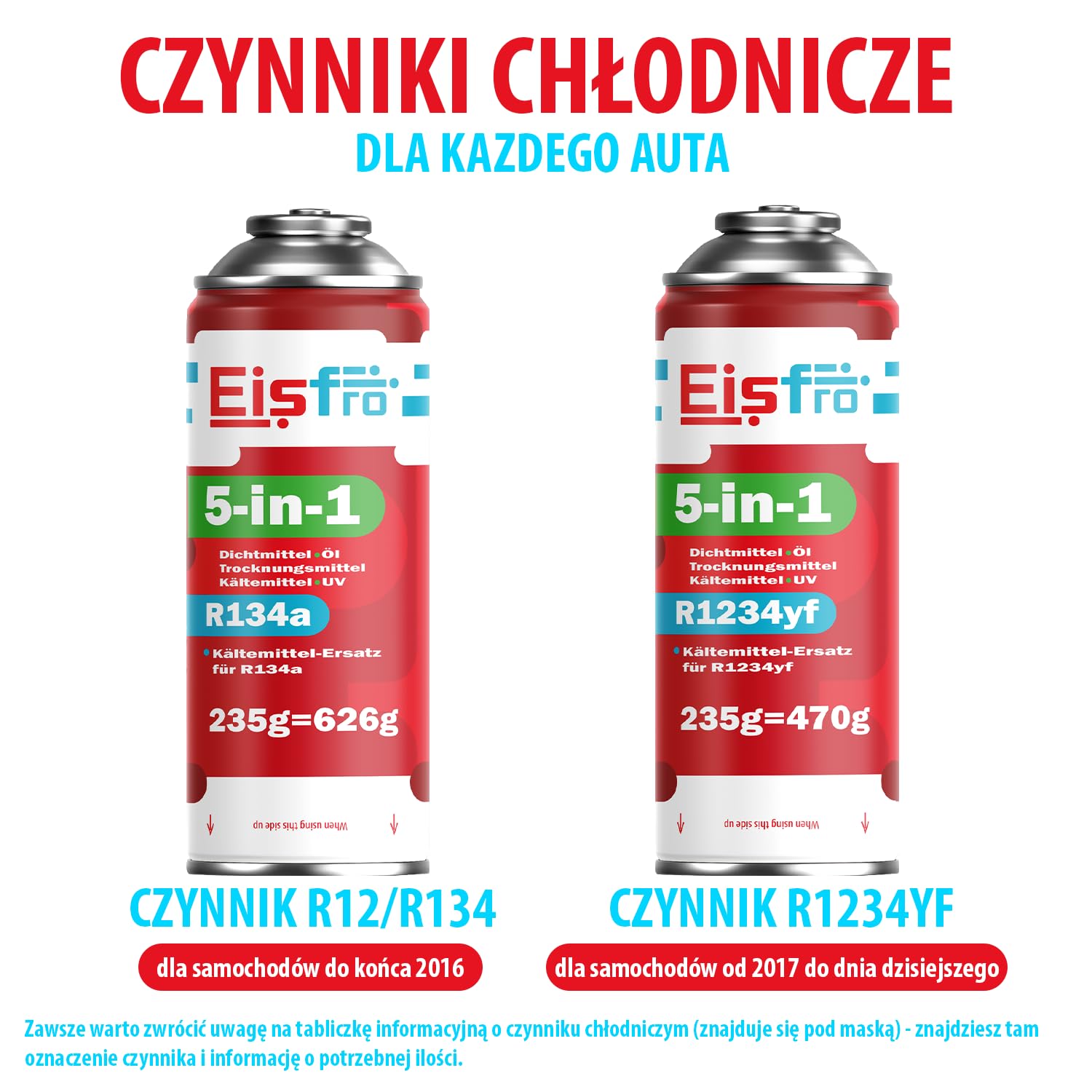 5in1 – 2x Gaz R134a i Olej + 2x Czynnik Chłodniczy R134a 5in1 XL 235g Każda Puszka, do Samochodowej Klimatyzacji z Olejem, Uszczelniaczem, Barwnikiem UV, Środkiem Osuszającym + Wąż