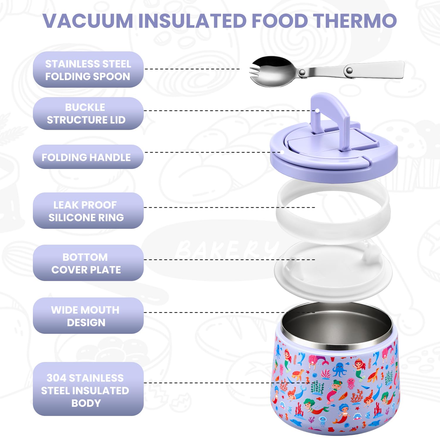 Itslife Thermos per Alimenti 420ml, Contenitore Termico per Alimenti di Acciaio Inossidabile con Cucchiaio Pieghevole, Lunch Box Termico per Picnic, Scuola e Ufficio, Oceano