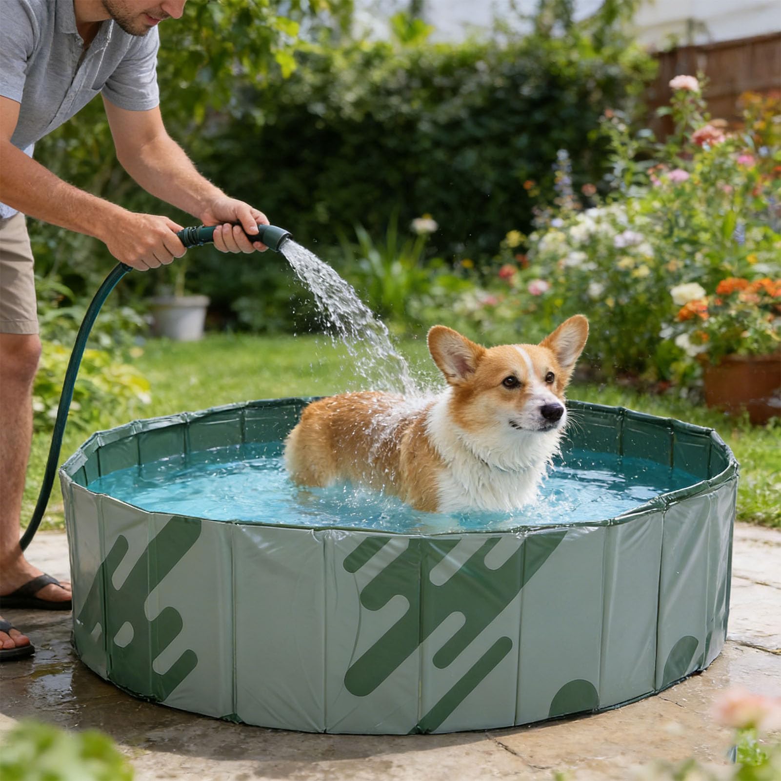 Piscina Pieghevole, Piscina All'aperto in Plastica Non Gonfiabile per Cortile, Vasca da Bagno Portatile Pieghevole per Animali Domestici per Cani, (Avventura nella Natura Selvaggia Verde)