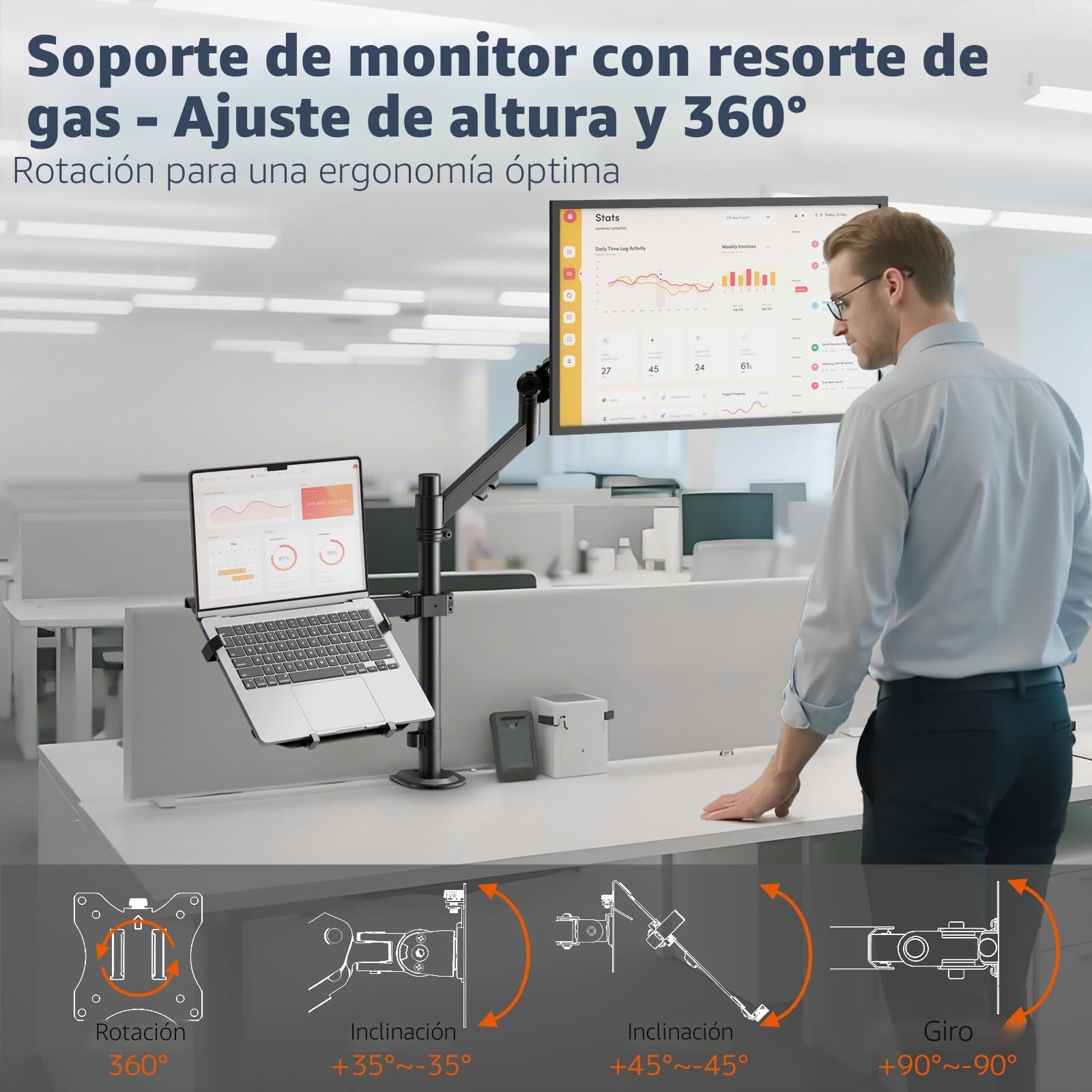 Soporte Monitor con Brazo de Gas para Pantallas 35" - Plataforma Integrada para Portátil 17" - Carga Máx 12KG Monitor/5KG Plataforma - VESA 75x100
