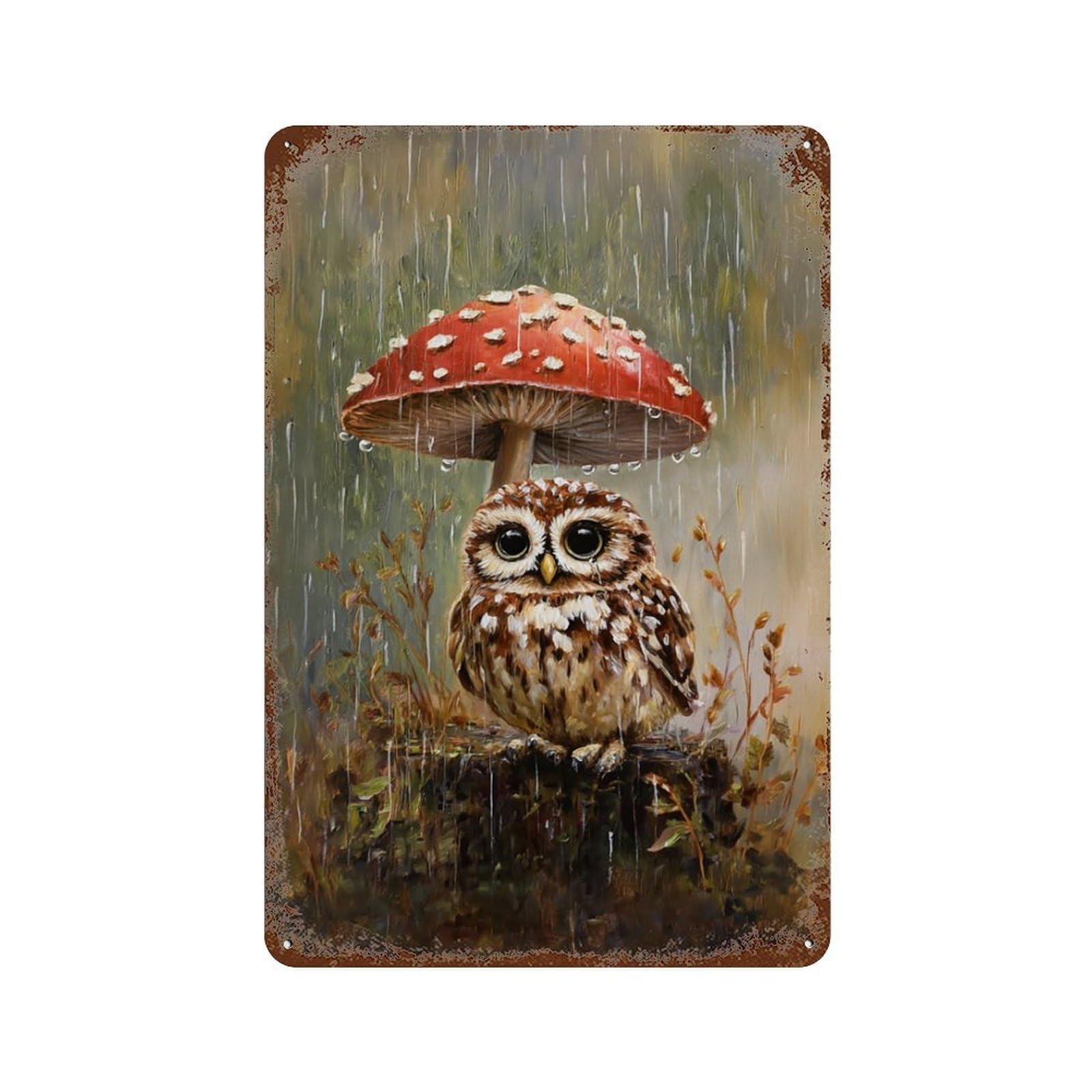 Rustic Tin Plaque Rainy Forest Owl 11.8"x7.9", Vintage Wall Decor for Pub, Kitchen And Man Cave Decor