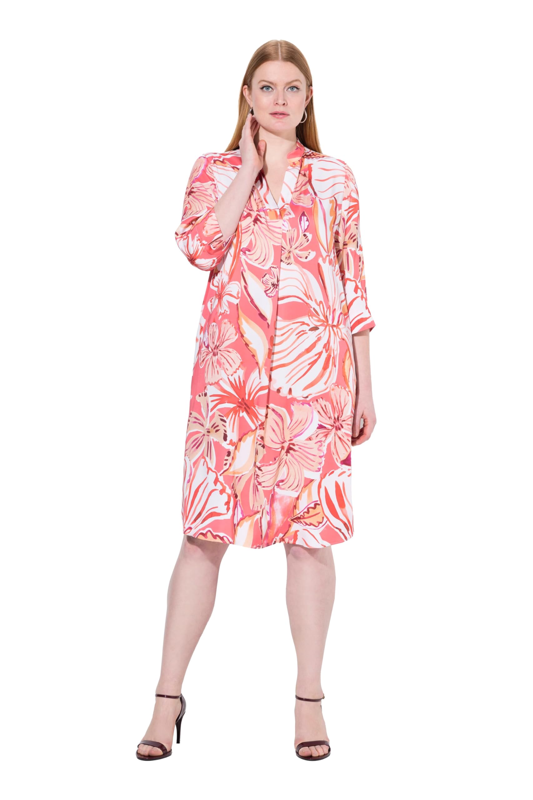 Ulla Popken Damen große Größen Übergrößen Plus Size Kleid, Blätter, A-Linie, Stehkragen, 3/4-Arm 838609