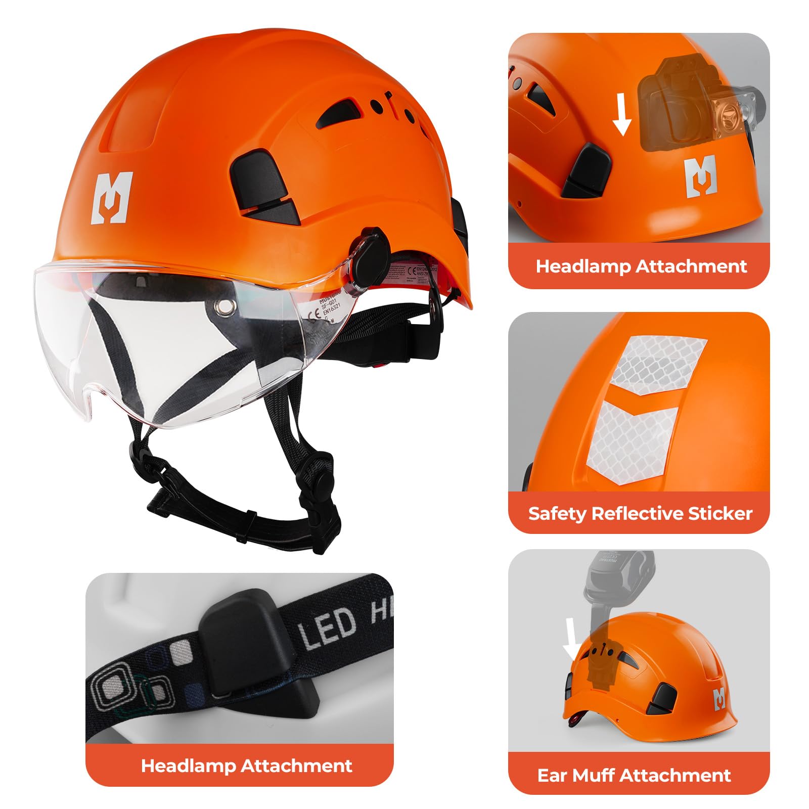 Elmetto rigido di sicurezza da arrampicata con visiera trasparente e sottogola 53-63 cm, ideale per costruttori e lavori in altezza, EN12492