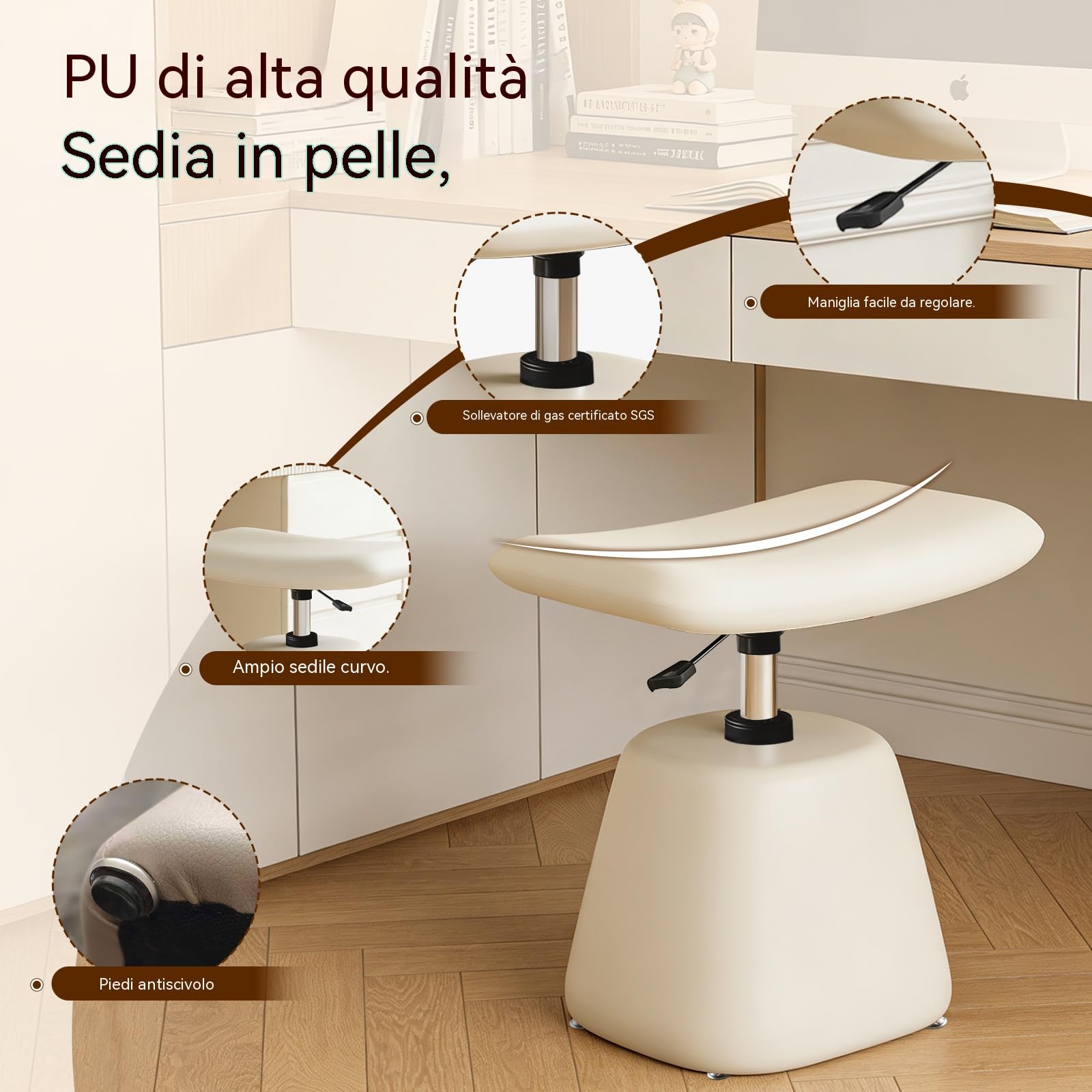 Sgabello da trucco moderno regolabile in altezza, sedia girevole 360° per area trucco, sgabello in similpelle PU per bagno e ingresso