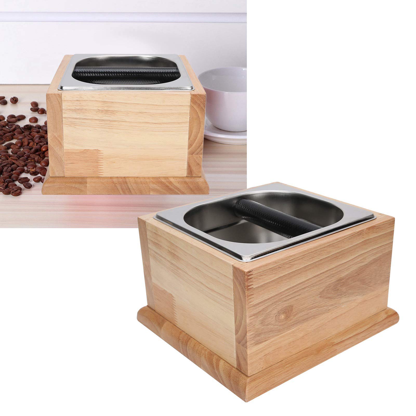 Knock Box Edelstahl-Kaffeesatzbehälter, Abfallbehälter mit Holzsockel, Kaffeezubehör, herausnehmbarer Edelstahl-Inneneinsatz, unverzichtbare Werkzeuge für Baristas