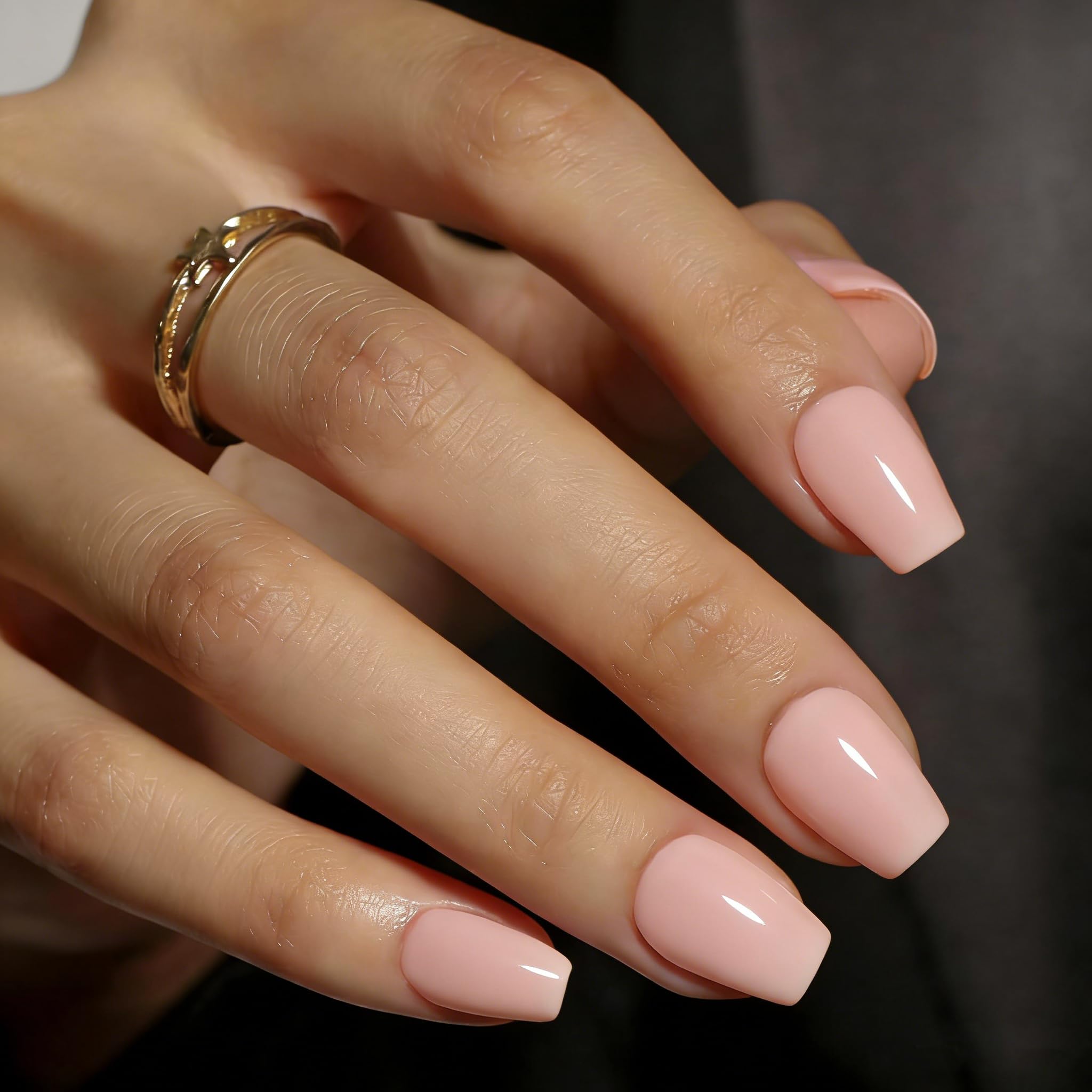 KQueenest Coral Pink Press On Nails Short - Acrylic Press On Nails Coffin, Sheer Nude Pink Fake Nails with Glue, Glossy Opaque Peach Ballerina