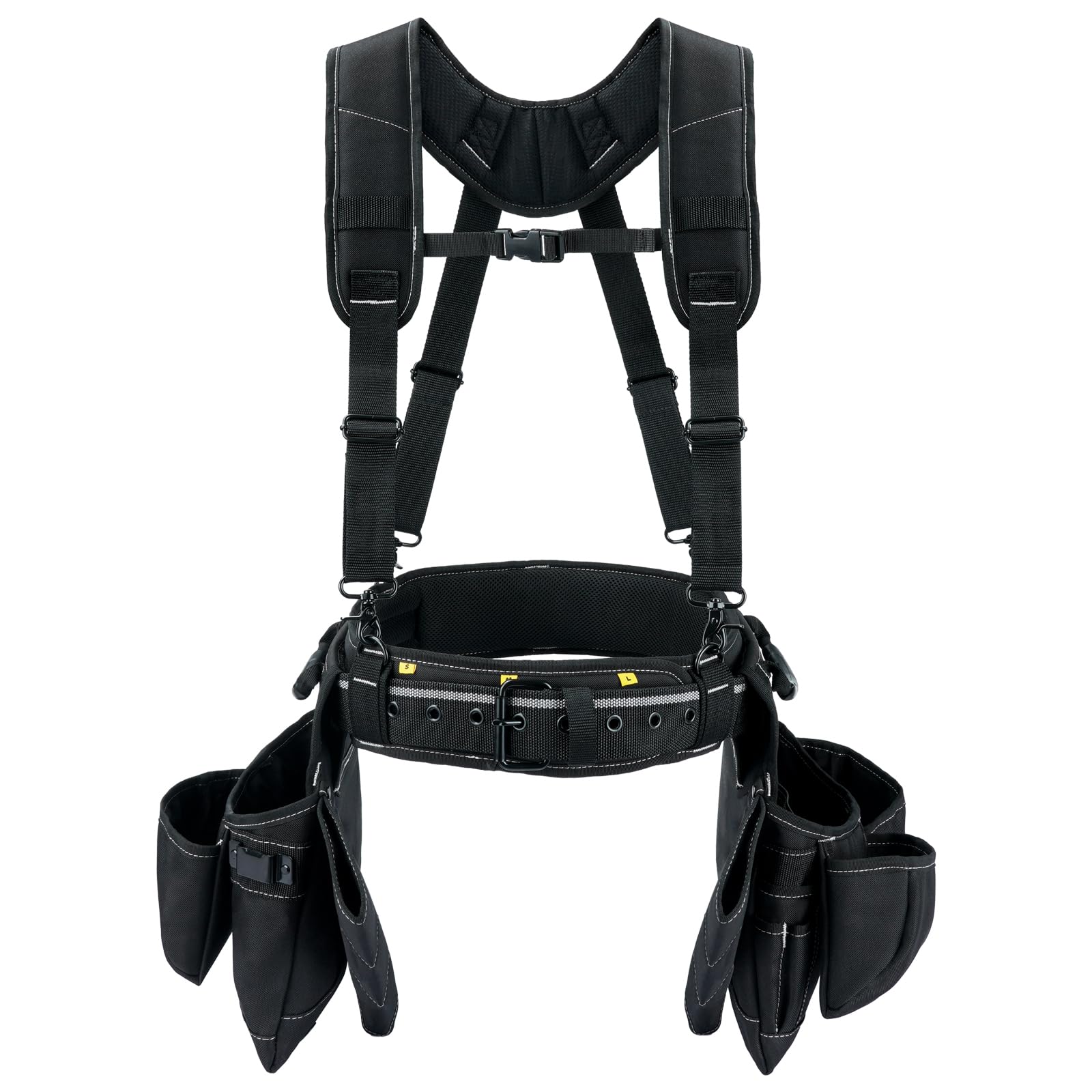 MELOTOUGH Ceinture à outils avec bretelles - Support de construction professionnel avec bretelles et 22 poches pour charpentier, électricien, toit, noir