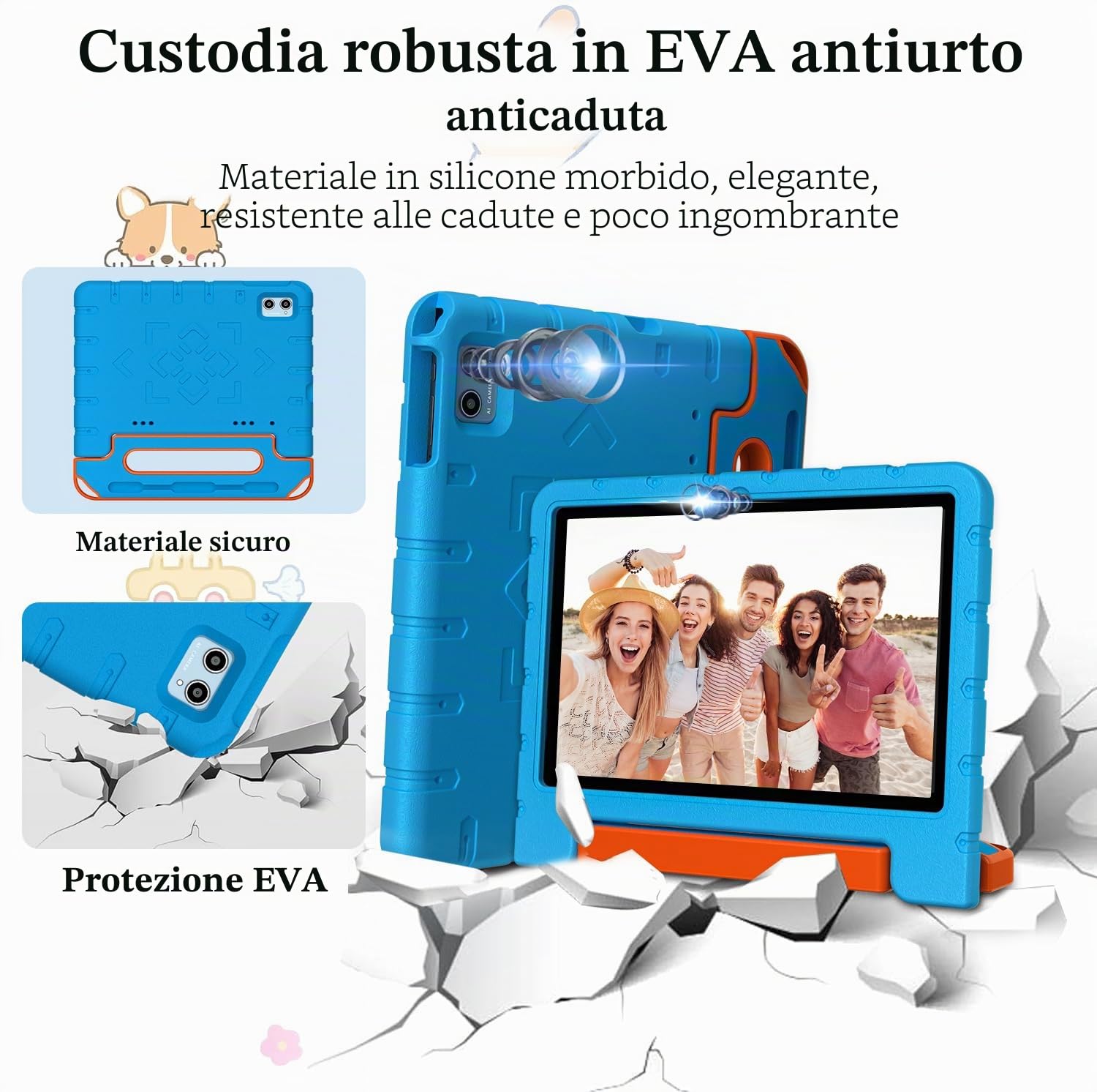 ZIOVO Tablet Bambini Android 15 Tablets 10 Pollici, 30GB RAM+64GB ROM(TF 2TB), 5G WiFi Tablets,Gemini AI/Octa-Core/Widevine L1/Face ID/Parentale Controllo/6000 mAh/BT 5.0, Tablet con Eva Caso-Blu