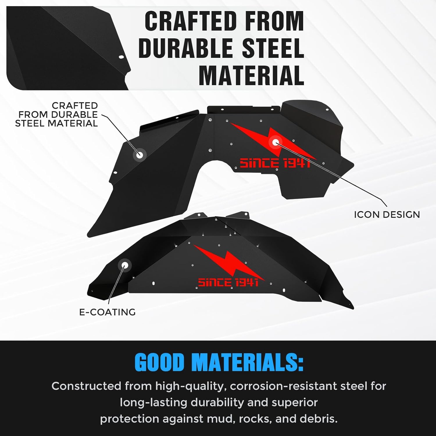 Front & Rear Inner Fender Liners Compatible with 2007-2018 Jeep Wrangler JK & JKU Unlimited Sport Sahara Rubicon, Steel Mud Guards Red Lightning Logo Wheel Well Cover Fenders Flares (2/4 Doors)