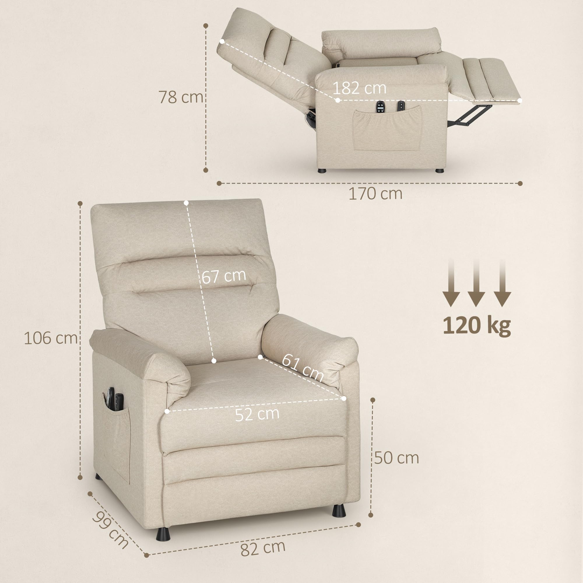 HOMCOM Poltrona Relax Elettrica Massaggiante e Riscaldante con Poggiapiedi, Silenziosa, Poltrona Reclinabile 150° in Velluto Pet Friendly con Funzione Memory, 2 Telecomandi e USB, Beige