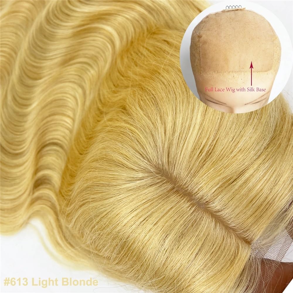 Parrucca in pizzo completo con base in seta, 5"x5", bionda chiara, con onda del corpo, capelli umani Remy, parrucche in pizzo trasparente con base in seta(20inch)