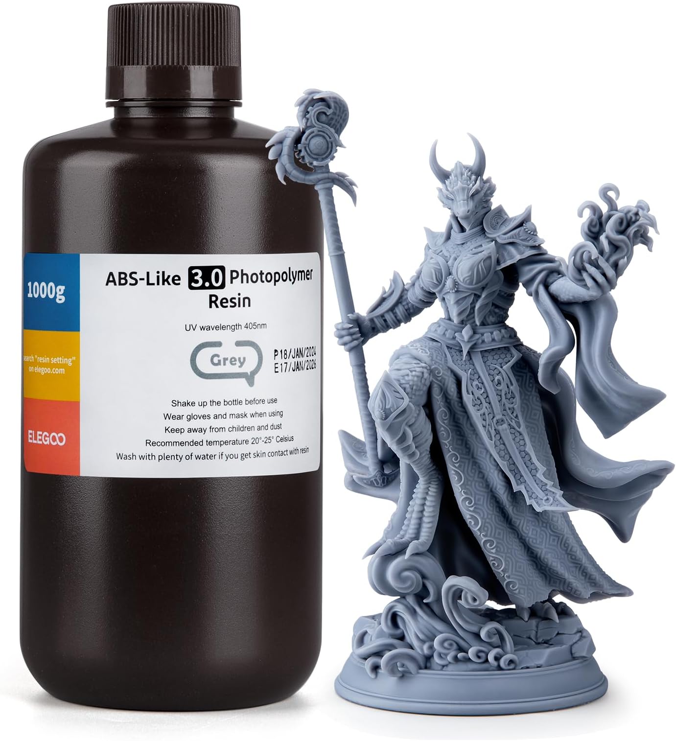 ELEGOO ABS-Like 3D Printer Resin 3.0, 405nm UV-Curing Photopolymer Resin for LCD/DLP 3D Printing, with Enhanced Strength and Toughness, High Precision, Low Viscosity, Grey 1000g