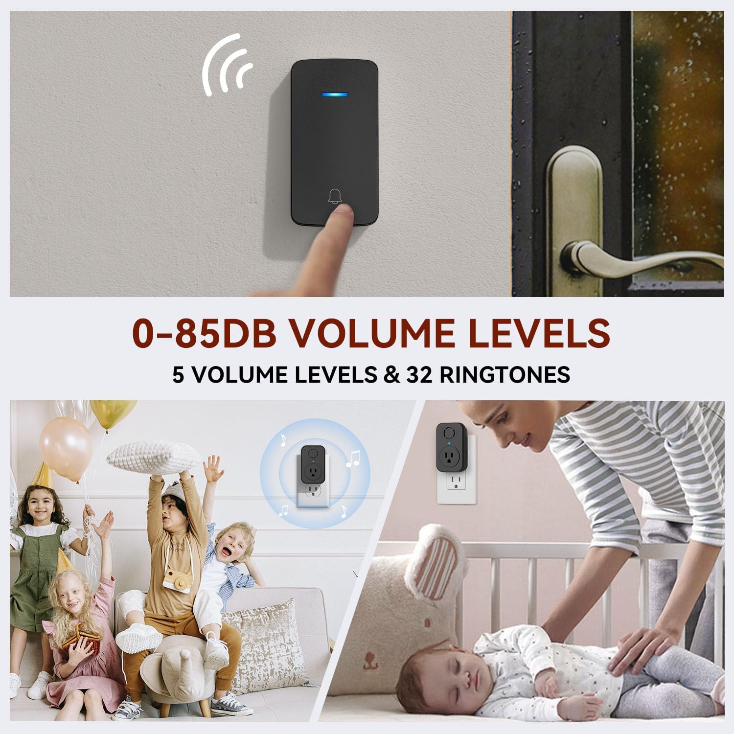 AIDA Wireless Doorbell, Self-powered Doorbell with Extra Socket, No Battery Required Push Button, Cordless Door Bell Ringer, 5 Volume Levels with 32 Doorbell Chimes (Black, 2 Button & 1 Receiver)