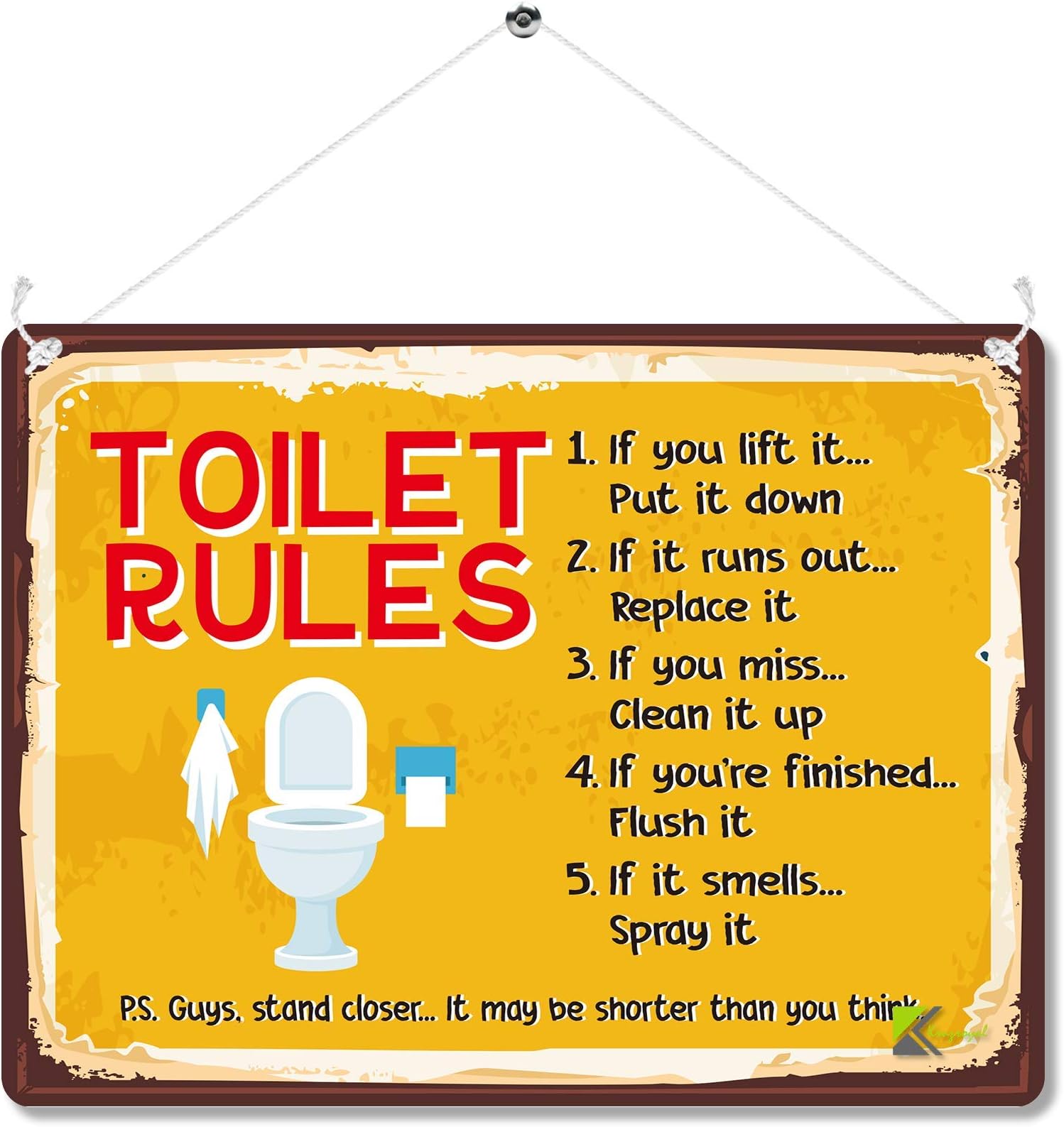 Kruzroyal MP030 Toilet Rules : If you lift it..Put it down/If it runs out...Funny Novelty Retro Vintage Metal Wall Sign Plaque 20cm x 15cm