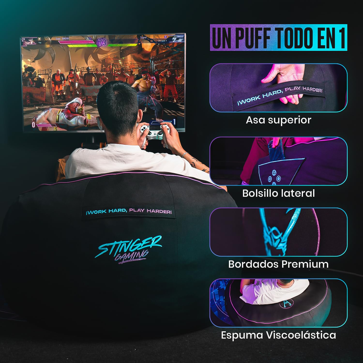 Woxter Stinger Puff Gaming - Ergonómico, Sillón para Juegos, Relleno Incluido, Tela Antimanchas y Transpirable, (Black & Blue)