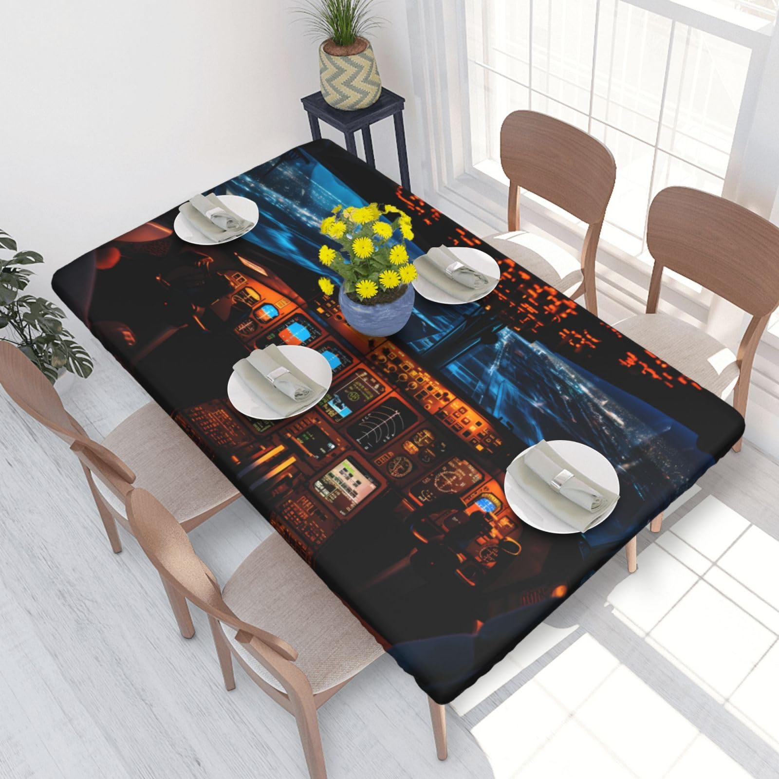 Airplane Cockpit. Waterproof Square Table Cover Elastic Fitted Tablecloth Oil Proof Table Protector For 4ft Table