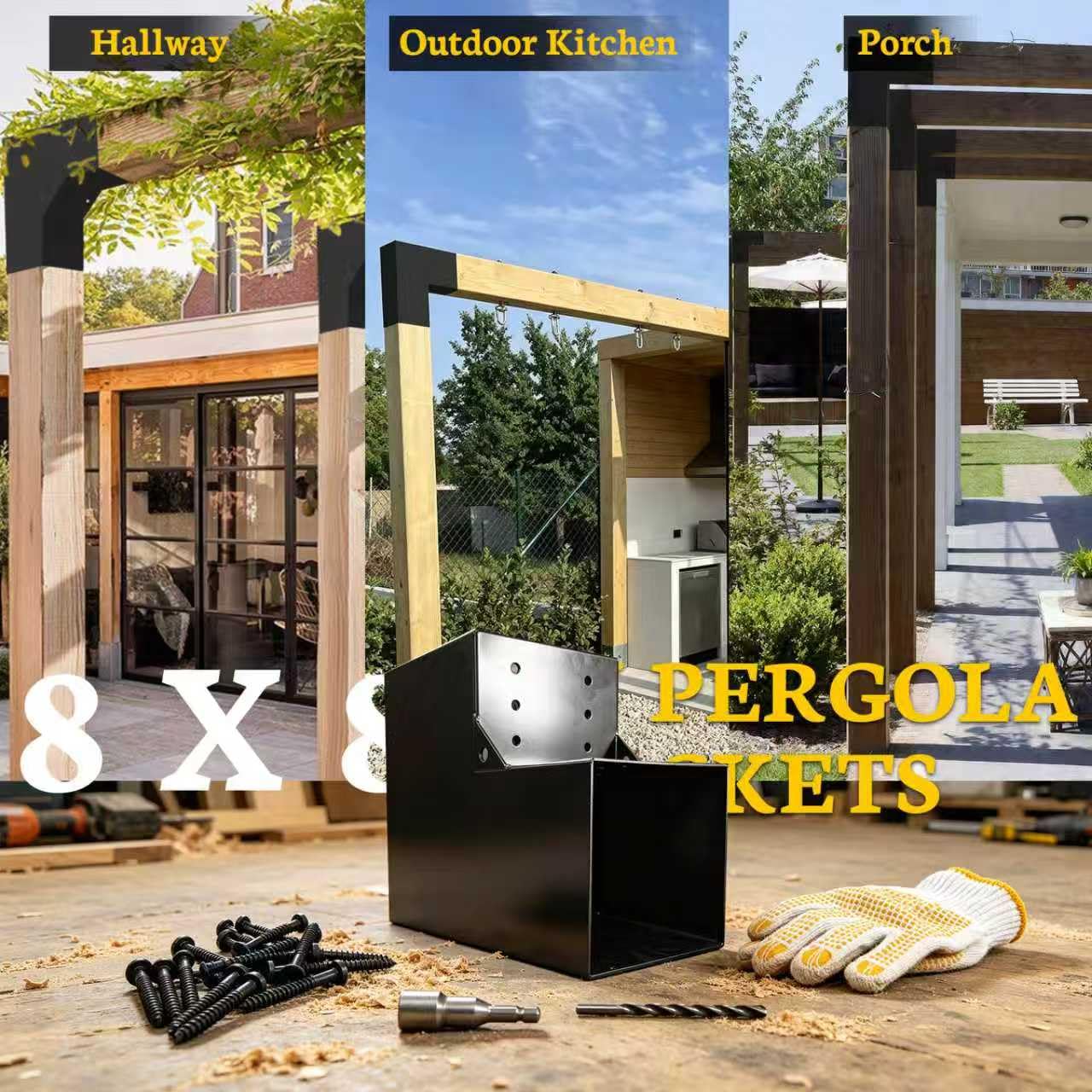 Kit de soporte de pegola de 8 x 8 pulgadas, 1 paquete, soportes de carpintería de esquina en forma de L de 2 vías para madera de 8 x 8 pulgadas (real: 7.5 x 7.5 pulgadas), soportes de madera