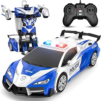 Remote Control Car with One Button Transformation, RC Cars Transforming into Robot, 2.4Ghz 360 Degree Rotation Police Car with Light, 1:18 Scale Transform Toys for Boys Girls Kids 4-7 8-12 6-8