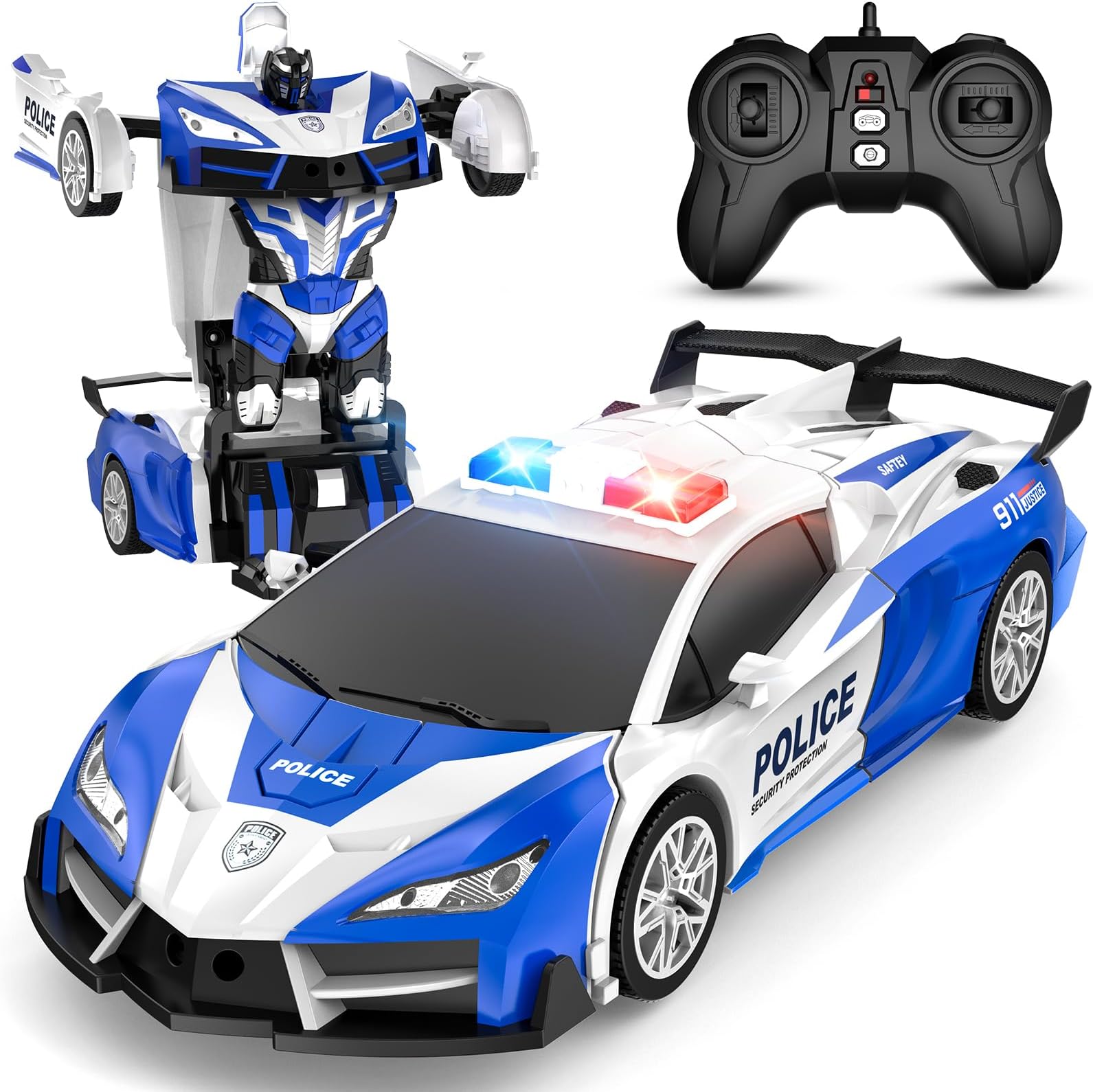 Remote Control Car with One Button Transformation, RC Cars Transforming into Robot, 2.4Ghz 360 Degree Rotation Police Car with Light, 1:18 Scale Transform Toys for Boys Girls Kids 4-7 8-12 6-8