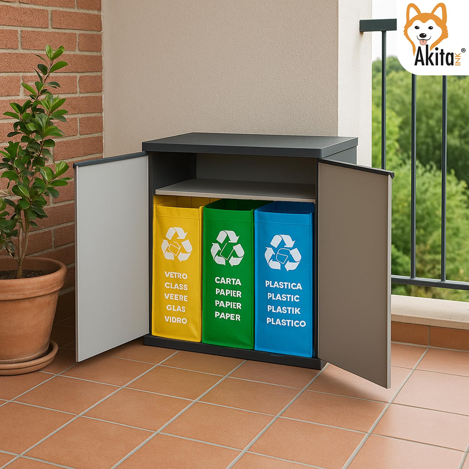 Armadio Basso 2 Ante per Raccolta Differenziata 68x39,5x85 cm AKITAINK – Mobile in Plastica con Ripiano, Resistente e Pratico per Casa, Garage e Giardino