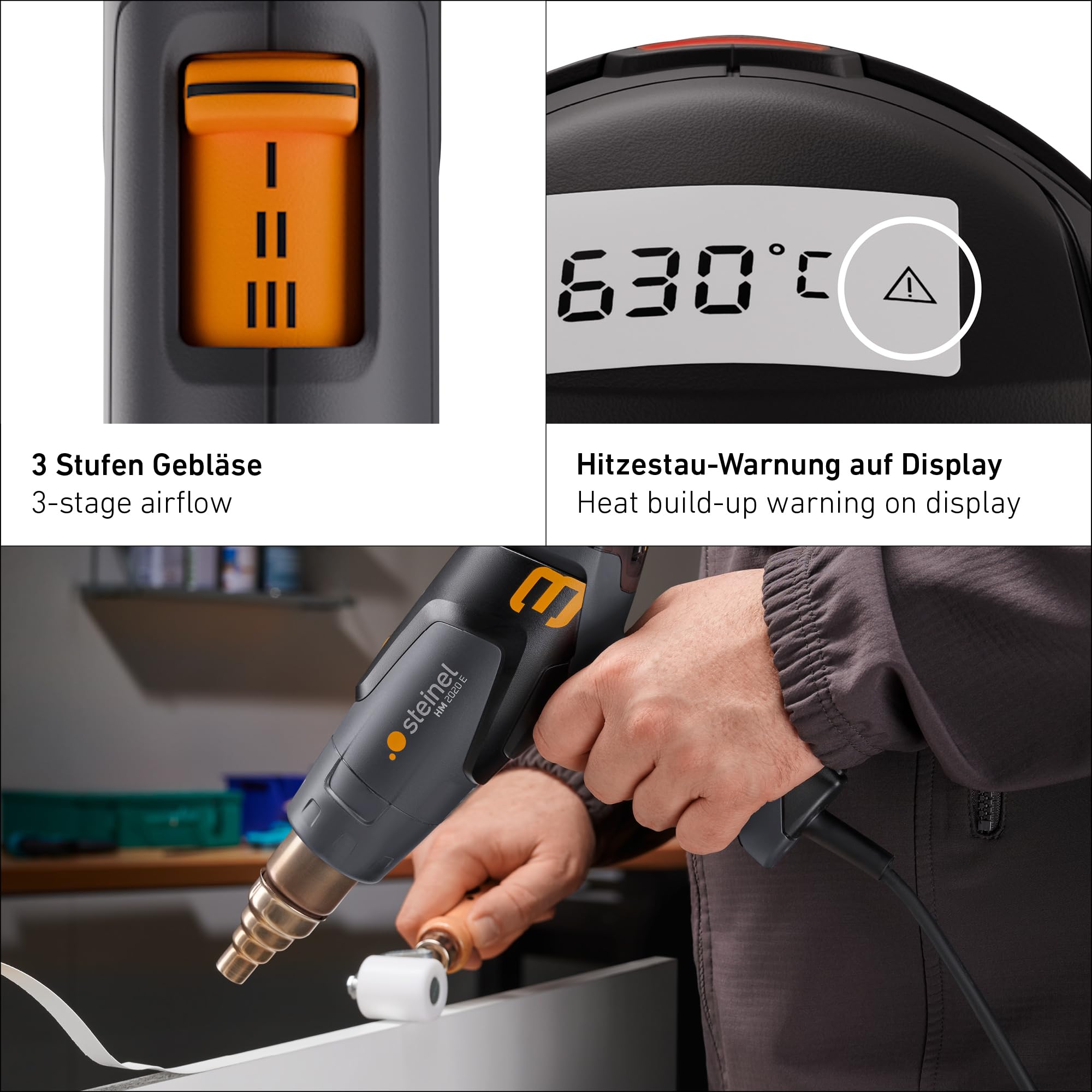 Steinel Heißluftpistole HM 2020 E Set, inkl. Reduzierdüse, 2200 W Heißluftfön, LCD-Display, Temperatur 80°-630°C, Heißluftgebläse mit Keramikheizung