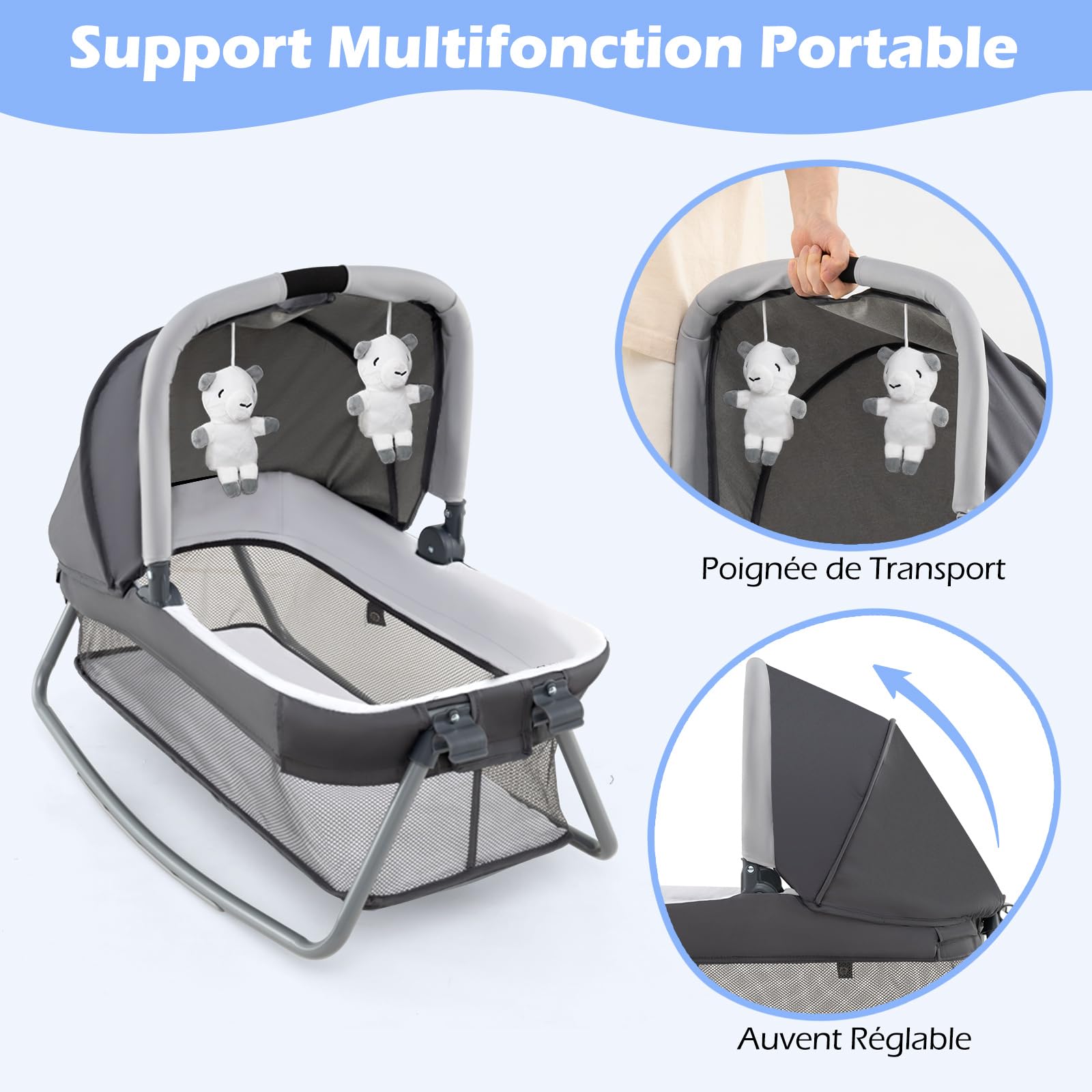GOPLUS Lit Parapluie 4 en 1, Lit Bebe Pliable à 2 Niveaux avec 2 Roues avec Frein, Matelas, Jouets, Table à Langer, Boîte à Musique et Sac de Transport, pour Bébé 0-3 Ans, Charge 15KG (Gris)