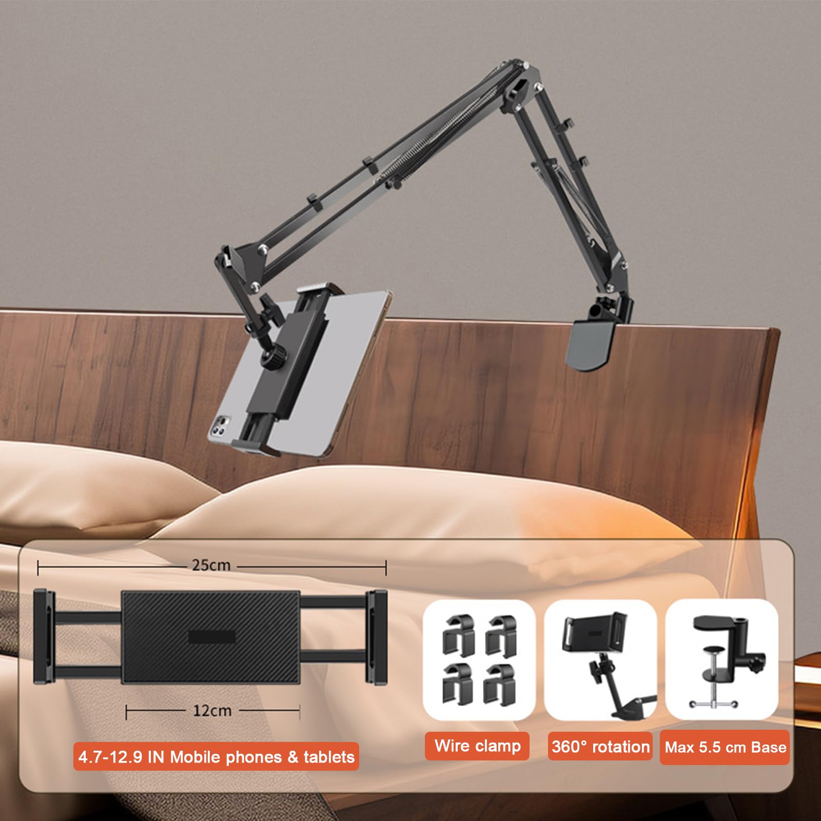 Support Telephone Lit, Flexible Long Bras Rotation 360° Réglable, 4,7-12,9 Pouces, Lisez en Position Allongée sans Avoir à Tenir Votre Kindle, Votre Téléphone Portable ou Votre Tablette