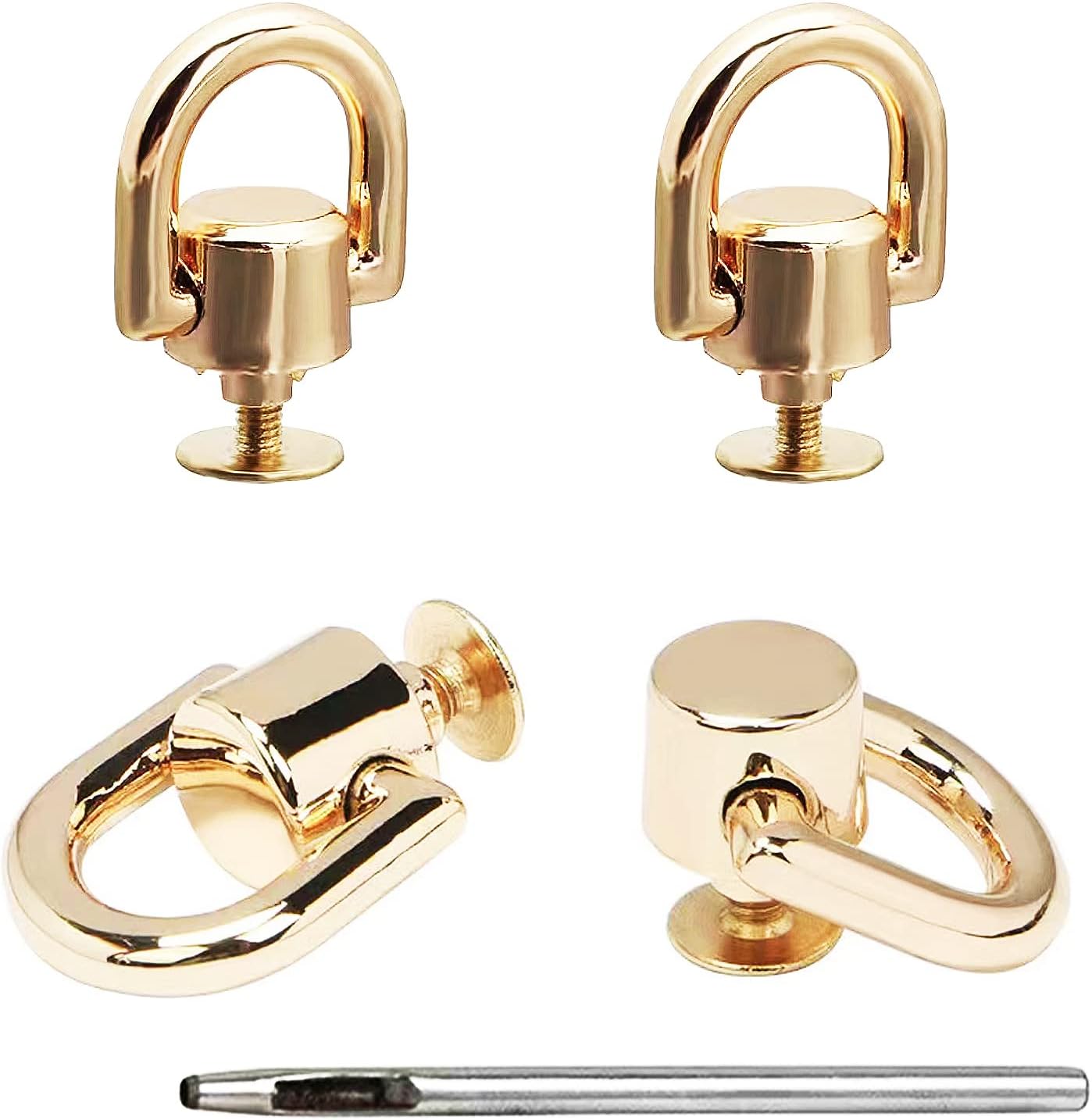 UayeatyeD Rings for Purse, 4 PCS Metal D Ring and Stud Screw, 360 Degree Rotatable D Rings for Purse, Bag Hardware, Dog Buckles, Purse, DIY Handcraft- Gold Color