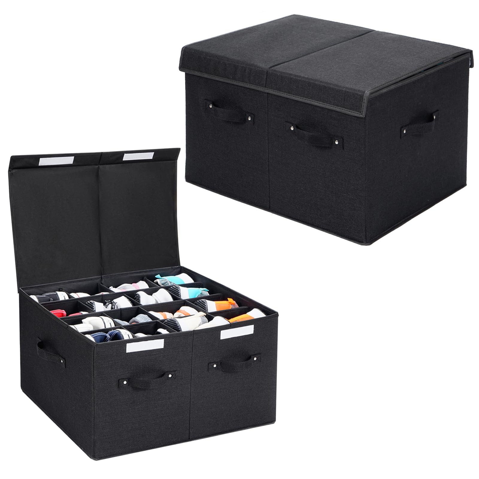 2 Pack Shoe Storage Box Organizer Fits 32 Pairs, Shoe Storage Boxes Bins with Adjustable Dividers for Shoes, Sandal, Sneakers and High Heeled, Stackable and Foldable (Black)