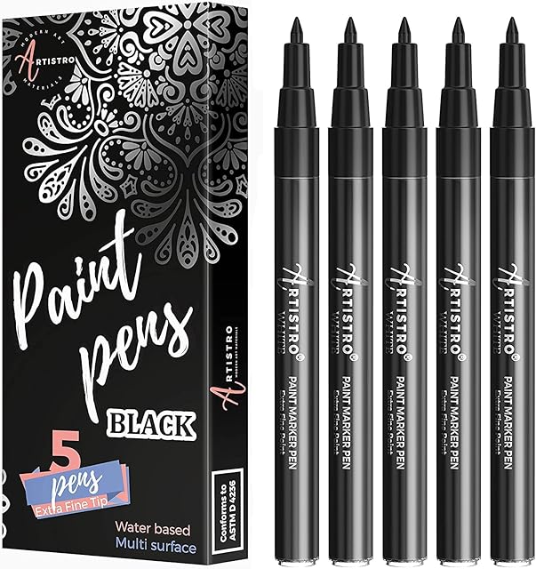 ARTISTRO Black Paint Pens for Rock Painting, Stone, Ceramic, Glass, Wood, Tire, Fabric, Metal, Canvas. Set of 5 Water Based Black Markers for Acrylic Painting Extra Fine Point Tip