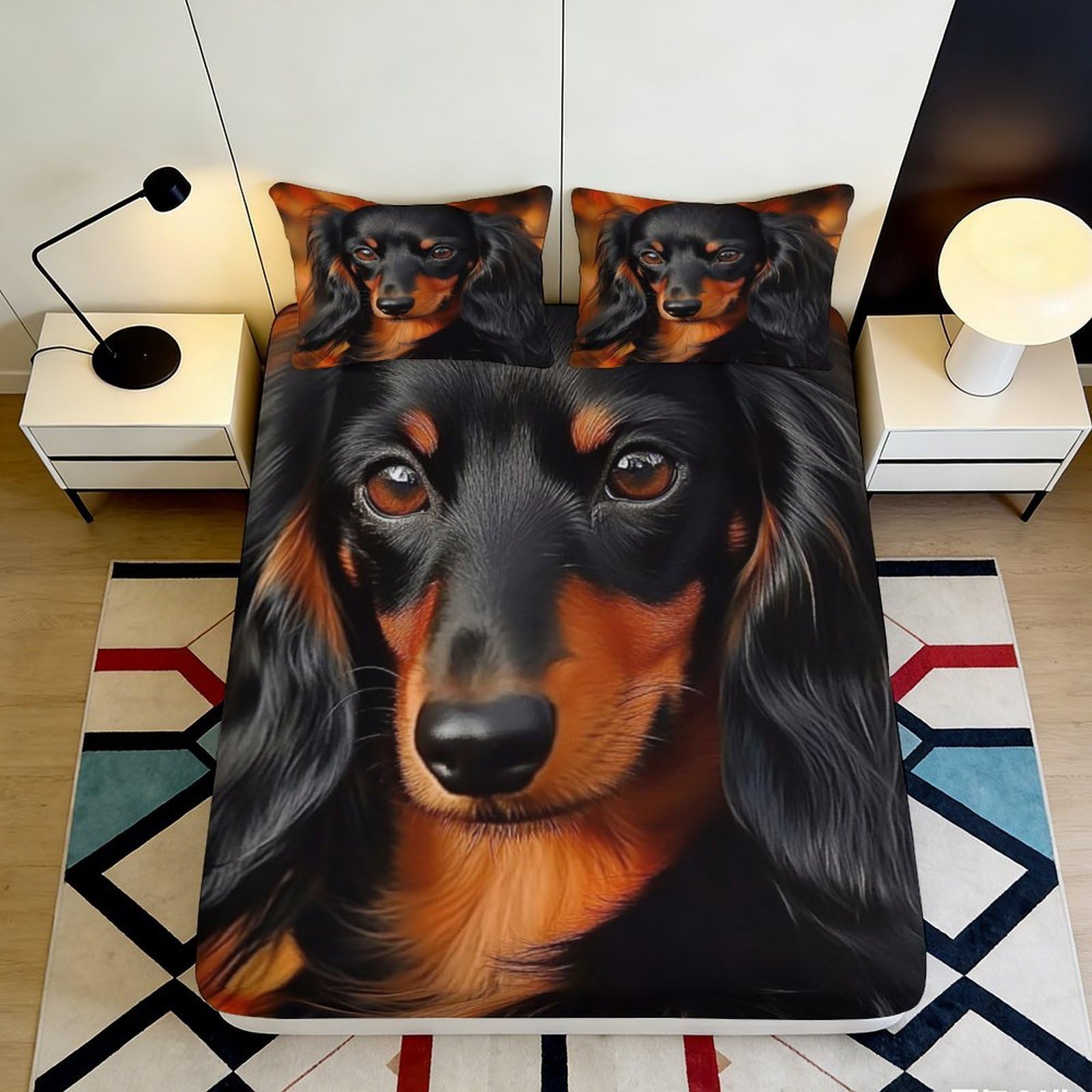 3D Printed Dachshund Pattern Fitted Sheet Microfiber Deep Pocket Bedroom Set Dachshund Mattress Fitted Cover Non-Slip 90x200x25cm