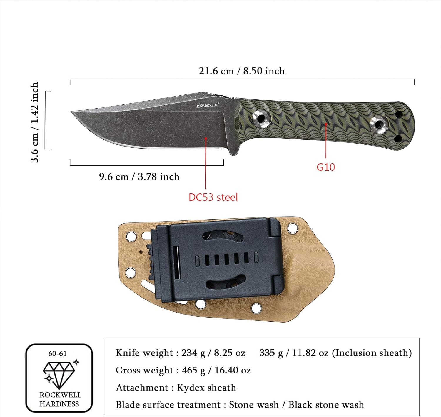 Knives DC53 Steel EDC Tactical Fixed Blade Knife G10 Handle with kydex sheath for Men Camping Survival Hunting Outdoor (Black+Green) - Image 2
