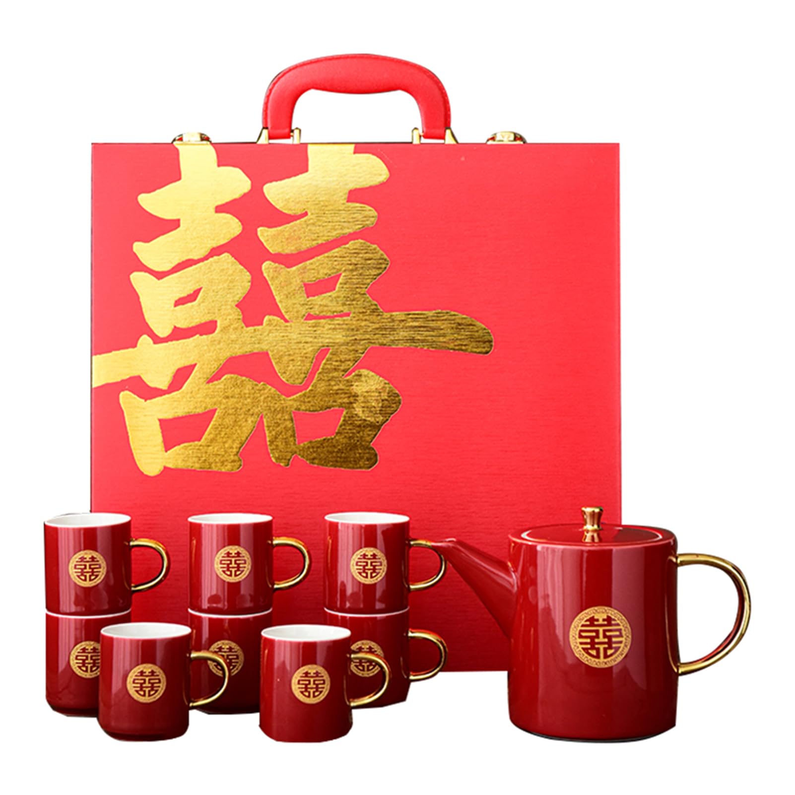 Juego de té de cerámica roja para boda con tetera y tazas de porcelana tradicional china