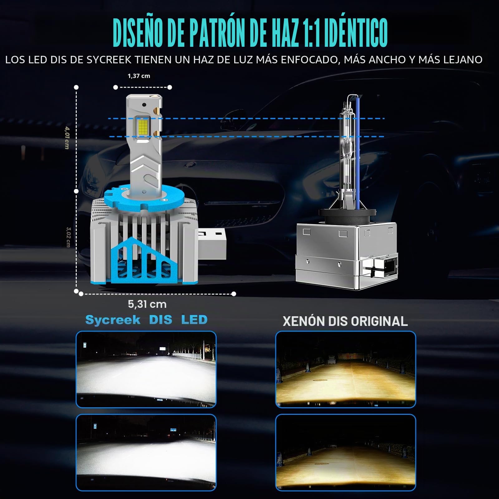 Sycreek Bombillas D1S LED con Ventilador,30000LM 6500K Blanco Reemplaza Original HID D1S Xenon Bombilla,600% Super Luminosas Faros de Carretera y de Cruce,2 Pcs