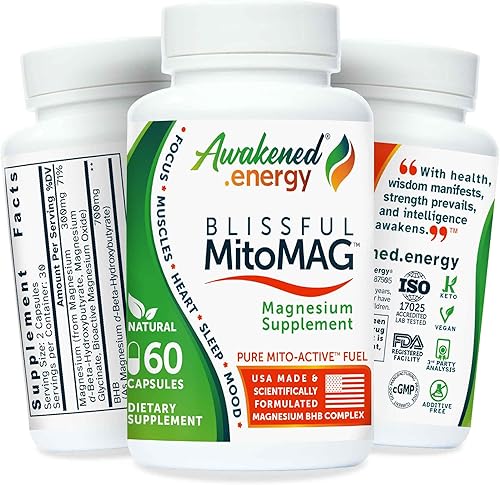 Blissful MitoMag - Complejo de magnesio elemental de 300 mg: Mg glicinato, Mg BHB - Músculos del sueño Energía del estado de ánimo Enfoque cognitivo