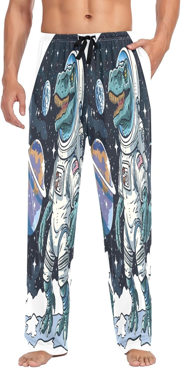 ALAZA Astronaut Dinosaur Dino Space Men's Pajama Pants Men Cotton Pajama Bottoms with Pockets, S